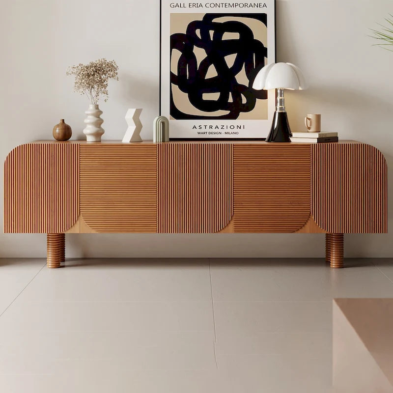 Meuble TV en bois mi-siècle, Console média marron moderne pour salon, Pré-assemblé - 70,87x15,7