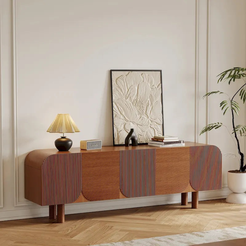 Meuble TV en bois mi-siècle, Console média marron moderne pour salon, Pré-assemblé - 70,87x15,7