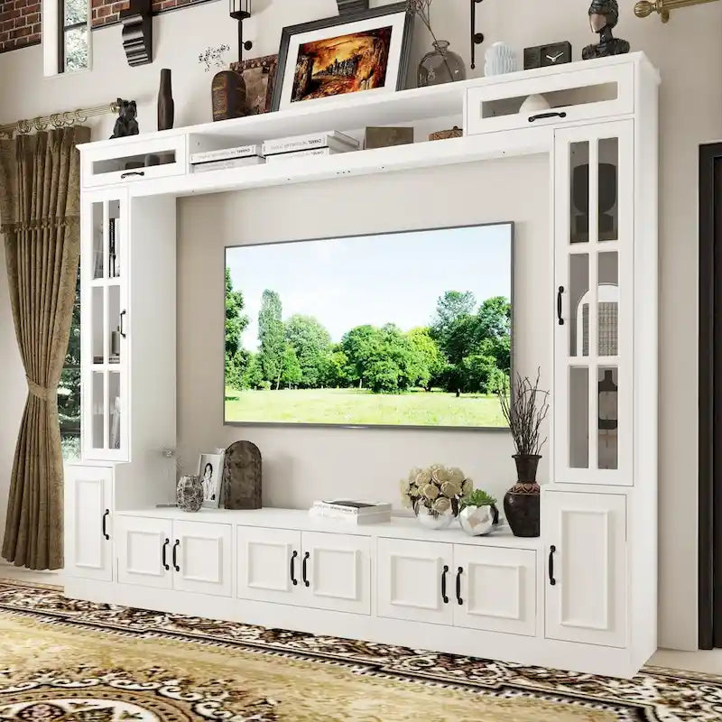 Meuble TV moderne blanc portes en verre trempé plateau hydraulique