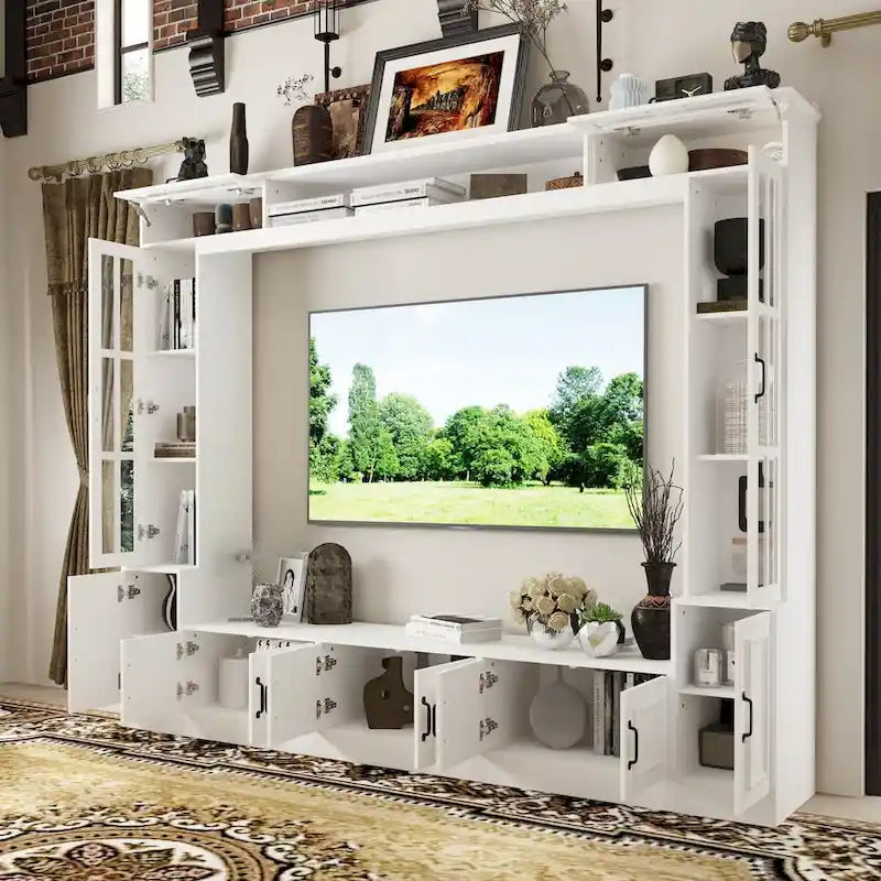 Meuble TV moderne blanc portes en verre trempé plateau hydraulique
