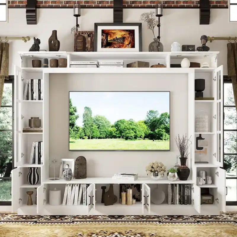 Meuble TV moderne blanc portes en verre trempé plateau hydraulique