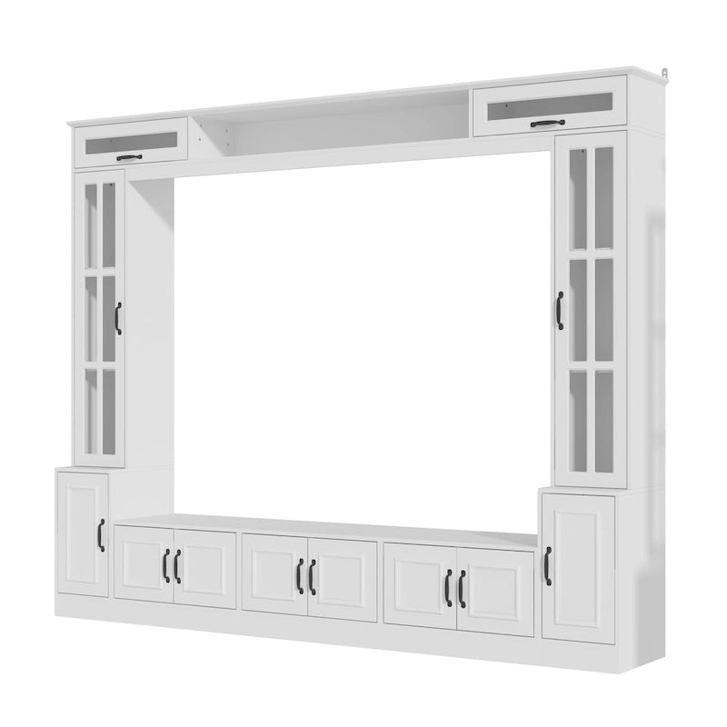 Meuble TV moderne blanc portes en verre trempé plateau hydraulique