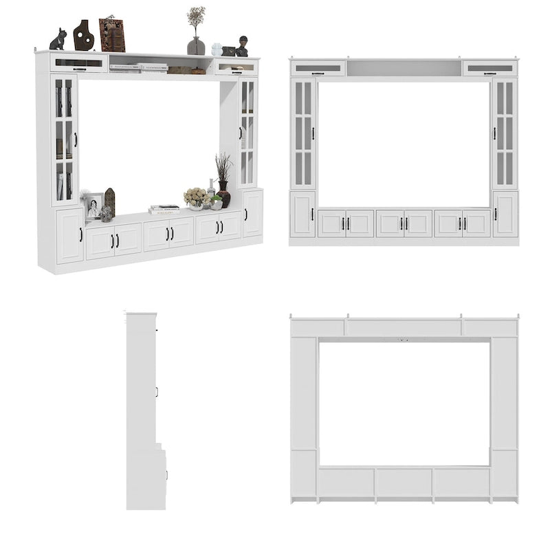 Meuble TV moderne blanc portes en verre trempé plateau hydraulique