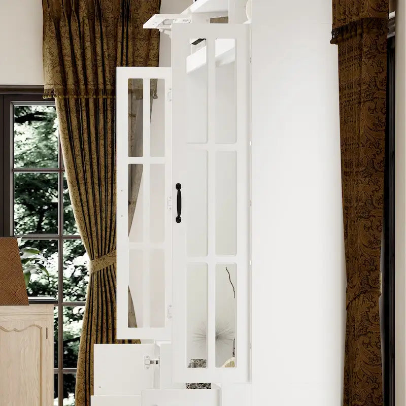 Meuble TV moderne blanc portes en verre trempé plateau hydraulique