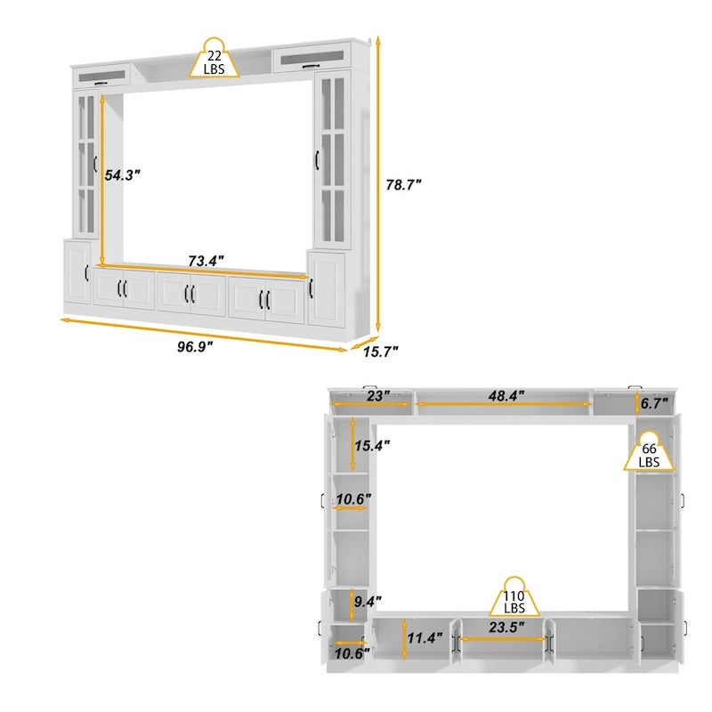 Meuble TV moderne blanc portes en verre trempé plateau hydraulique