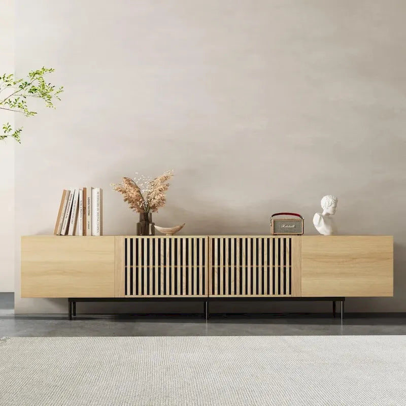 Stylish mid-century modern TV stand for up to 80 TVs. Ample storage for media devices, cable management. easy assembly.