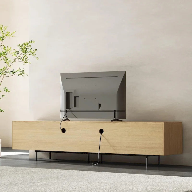 Stylish mid-century modern TV stand for up to 80 TVs. Ample storage for media devices, cable management. easy assembly.