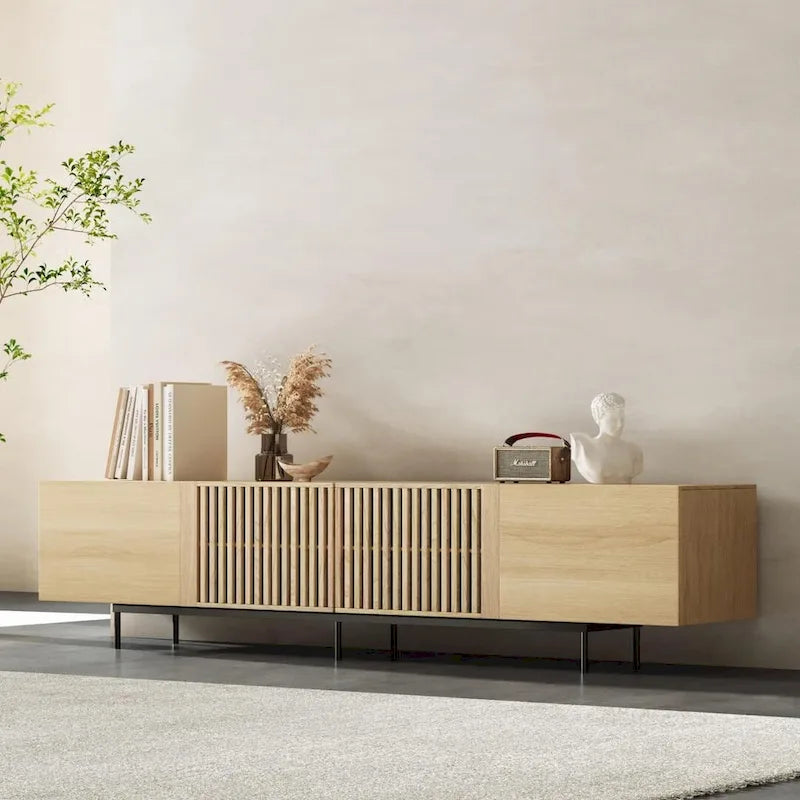 Stylish mid-century modern TV stand for up to 80 TVs. Ample storage for media devices, cable management. easy assembly.