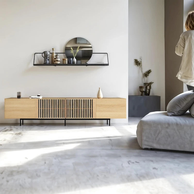 Stylish mid-century modern TV stand for up to 80 TVs. Ample storage for media devices, cable management. easy assembly.
