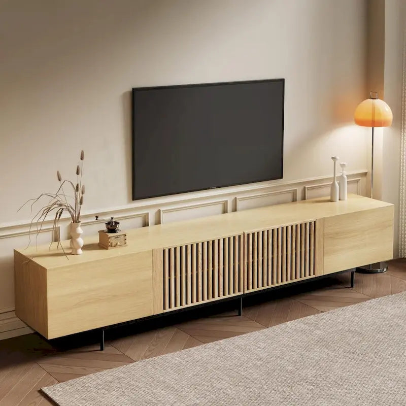 Stylish mid-century modern TV stand for up to 80 TVs. Ample storage for media devices, cable management. easy assembly.