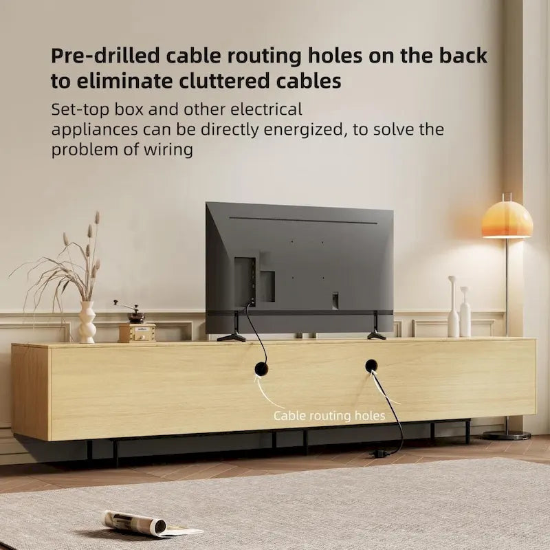 Stylish mid-century modern TV stand for up to 80 TVs. Ample storage for media devices, cable management. easy assembly.