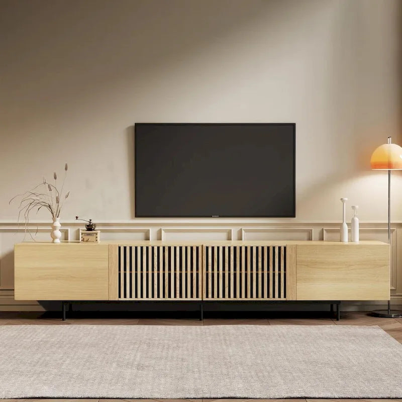 Stylish mid-century modern TV stand for up to 80 TVs. Ample storage for media devices, cable management. easy assembly.