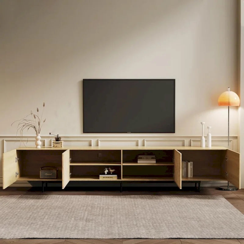 Stylish mid-century modern TV stand for up to 80 TVs. Ample storage for media devices, cable management. easy assembly.