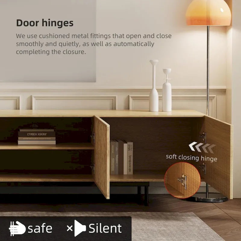 Stylish mid-century modern TV stand for up to 80 TVs. Ample storage for media devices, cable management. easy assembly.