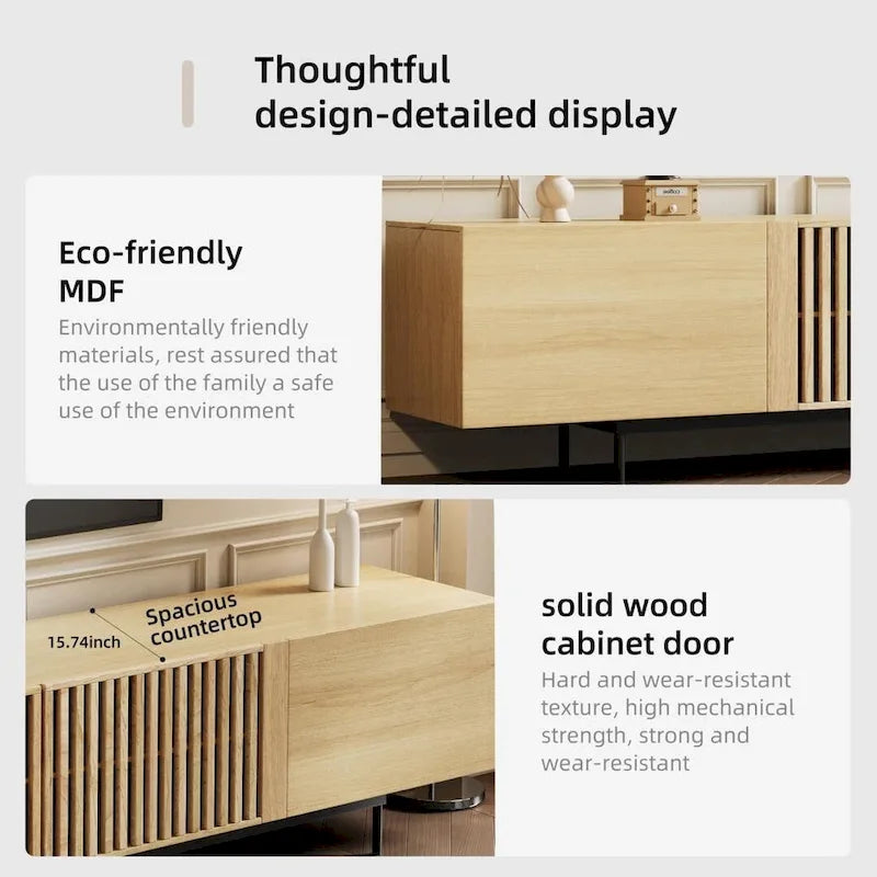 Stylish mid-century modern TV stand for up to 80 TVs. Ample storage for media devices, cable management. easy assembly.