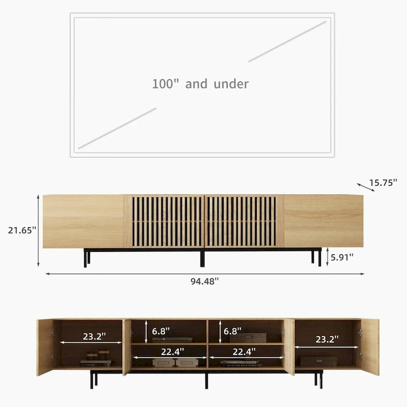 Stylish mid-century modern TV stand for up to 80 TVs. Ample storage for media devices, cable management. easy assembly.