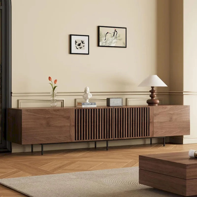 Stylish mid-century modern TV stand for up to 80 TVs. Ample storage for media devices, cable management. easy assembly.