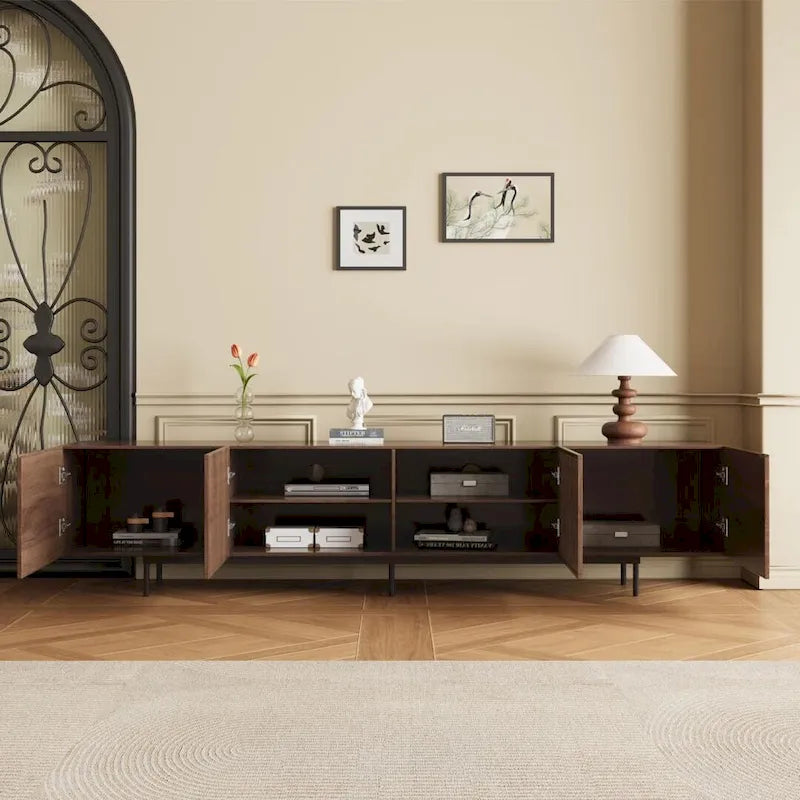 Stylish mid-century modern TV stand for up to 80 TVs. Ample storage for media devices, cable management. easy assembly.