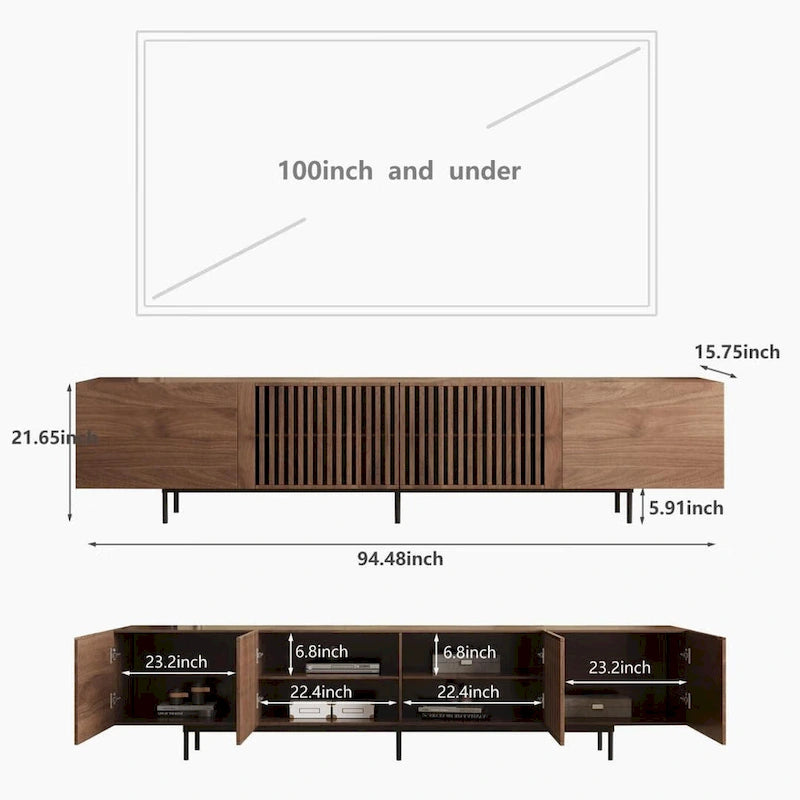 Stylish mid-century modern TV stand for up to 80 TVs. Ample storage for media devices, cable management. easy assembly.