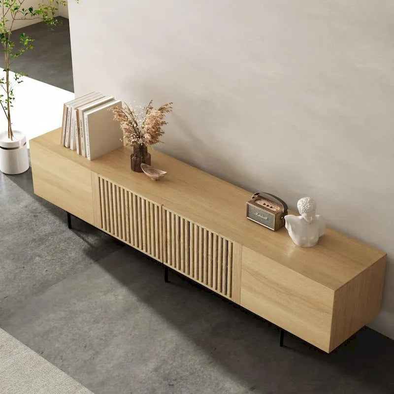 Stylish mid-century modern TV stand for up to 80 TVs. Ample storage for media devices, cable management. easy assembly.