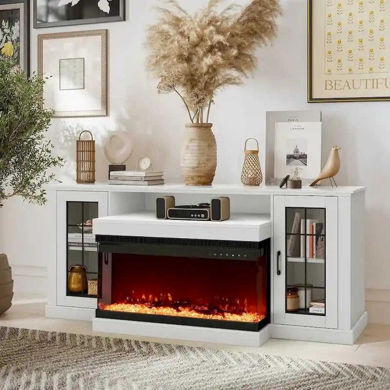 Erommy Adjustable Glass Shelves Entertainment Center with Electric Fireplace in Fireplace TV Stand