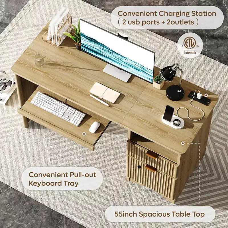Bestier 55 Smart Computer Desk, Oak Writing Desk with File Drawers and Power Outlet, Executive Office Desk with Open Storage and Keyboard Tray