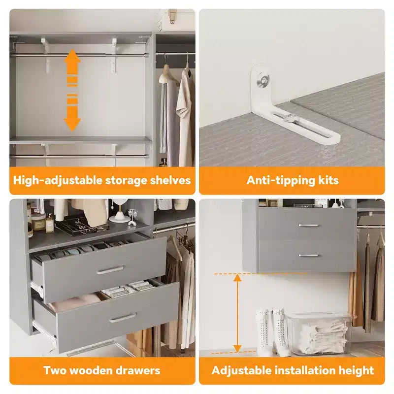 Freestanding Closet System with 8 Hannging Rods and Drawers, Hanging Closet Organizer with 10 Shelves