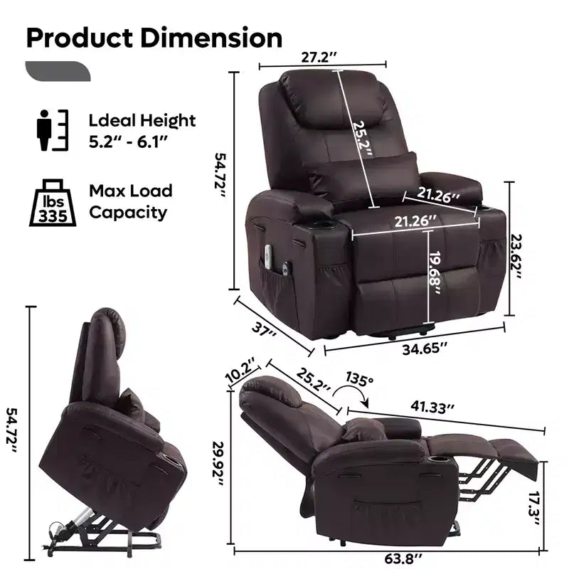 Bestier 34.6'' Electric Power Lift Asist Recliner Chair with Massage and Heat, Fax Leather Reclining Chair with Side Pockets & Cup Holders