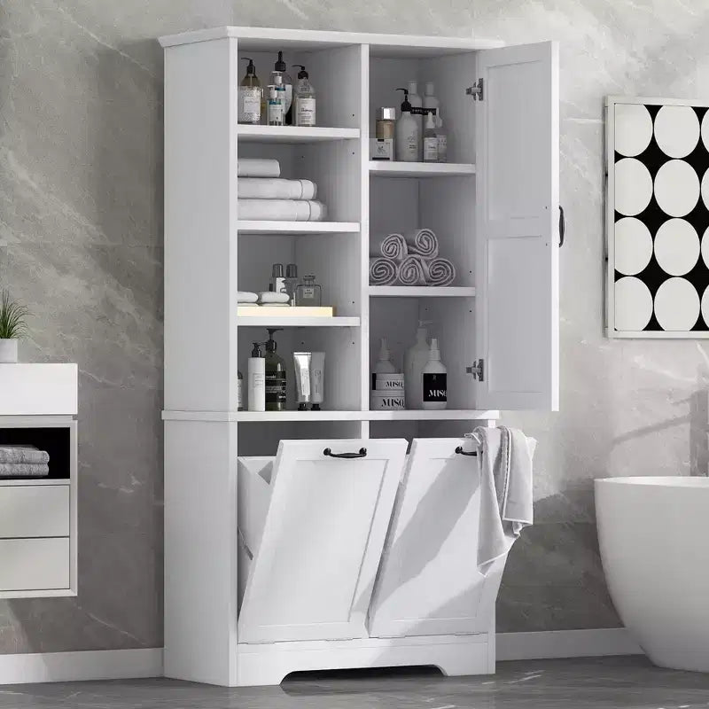 Bathroom Storage Cabinet with Doors and Drawers Tilt-Out Laundry Hamper Multiple Storage Space Freestanding Style