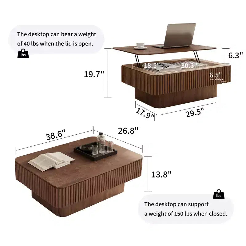 JVNOXK 38.6'' Fluted Lift-Top Coffee Table with Storage, Solid Wood Veneer Adjustable Height Modern Accent Table for Living Room, Bedroom, Walnut