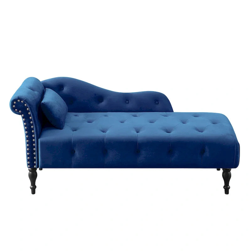 Chaise longue moderne de 154 cm avec revêtement en velours, boutons capitonnés, pieds en bois massif et clous de tapissier