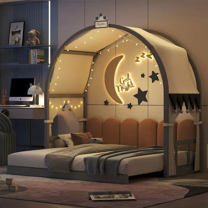 Solid Wood Playhouse Platform Bed Floor Montessori Bed Frame with Arched Roof and Trundle for Girls and Boys
