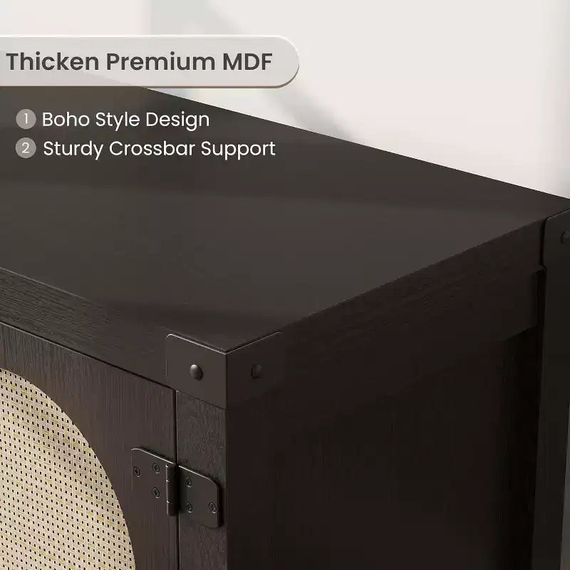 65-inch Bohemian-style TV stand with wicker door - Wooden entertainment center with two cabinets and adjustable shelves, suitable for living rooms