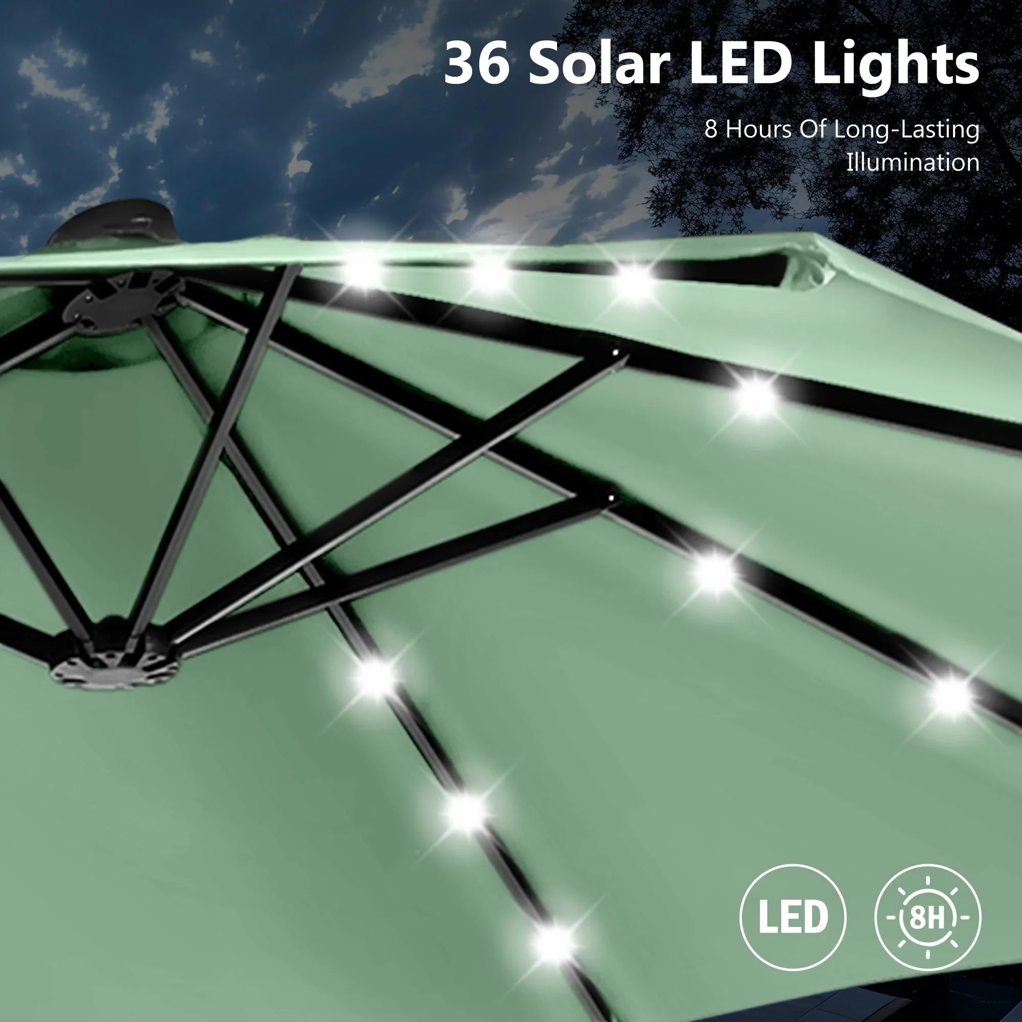 MAISON ARTS 15-foot Rectangular Crank Double-sided Outdoor Market Umbrella Solar LED Lighted Patio Umbrella with Base Included