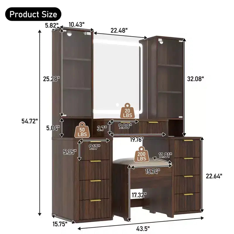 JVNOXK 43.5-inch Modern Vanity Set with Mirror and Light, Featuring Drawers and Clear Glass Cabinet, Includes Stool and Charging Station, Brown