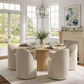 Modern Dining Table Set For 6, Round Pedestal Dining Table, Swivel Rolling Barrel Chairs With Wheels, Textured Chenille- Panipeachy