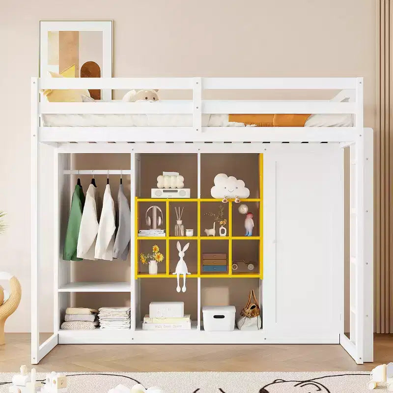 Lit mezzanine enfant avec armoire et étagères, Cadre de lit mezzanine en bois avec meuble de rangement pour enfants et adolescents