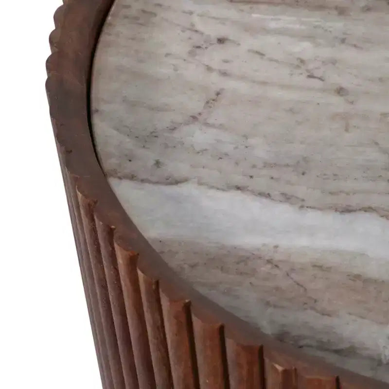 Decorative Ribbed Wooden Side Table with Marble Top and Storage - Small Home Decor Table Stand for Bedroom or Living Room Decor