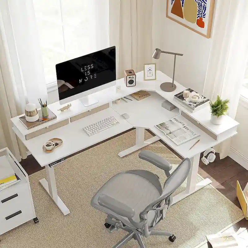 L-Shaped Electric Standing Desk with 3 Drawers & Lockable Casters, 63