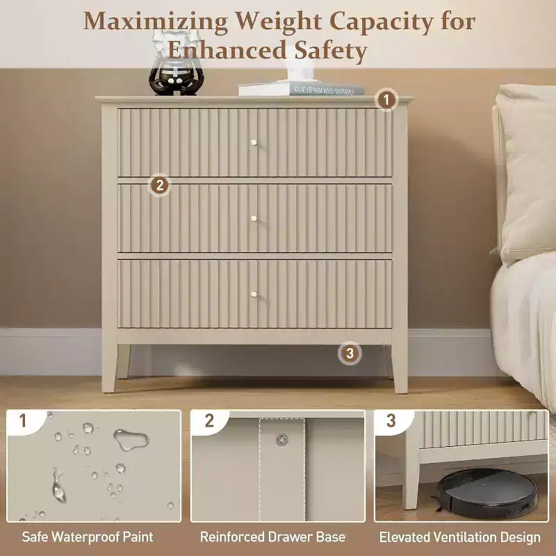 Heynemo 3 Drawer Dresser, Painted 30 Inch Tall Wood Nightstand with Storage, Wide Modern Chest of Drawers with Ball Bearing Slide