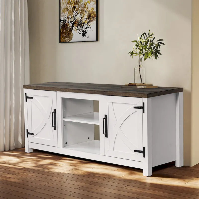 58-inch Farmhouse White Barn Door Media Console TV Stand for TVs up to 65