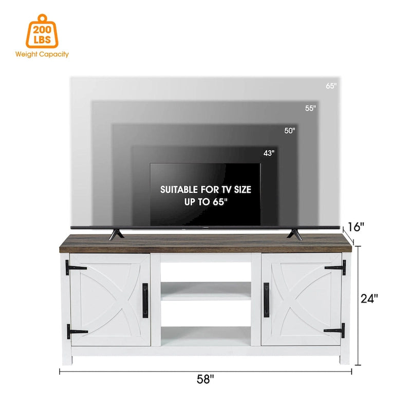 58-inch Farmhouse White Barn Door Media Console TV Stand for TVs up to 65