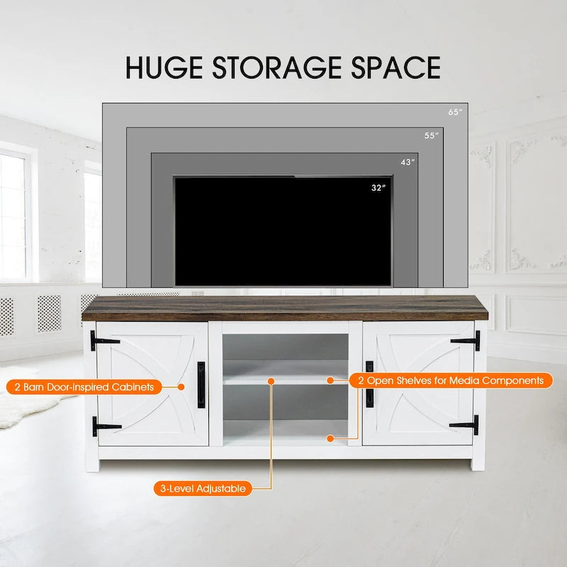 58-inch Farmhouse White Barn Door Media Console TV Stand for TVs up to 65