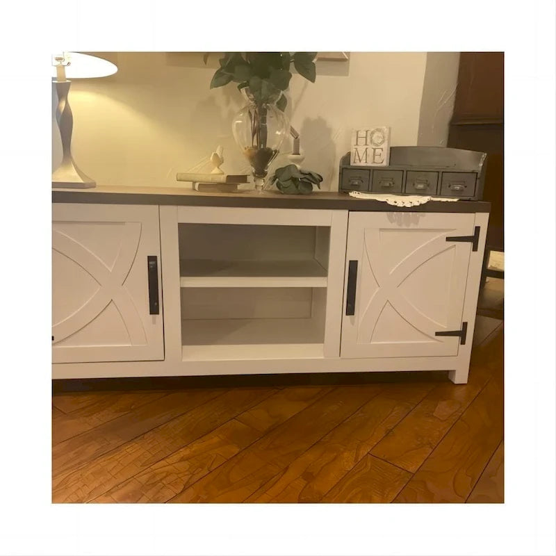 58-inch Farmhouse White Barn Door Media Console TV Stand for TVs up to 65