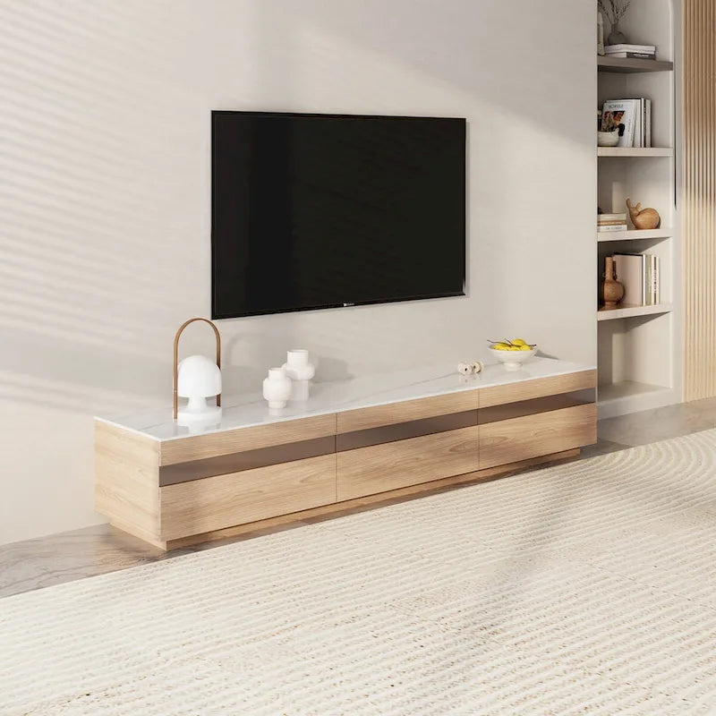 Meubles TV modernes en bois clair, plateau en pierre brillante, 3 à 6 tiroirs, entièrement assemblés