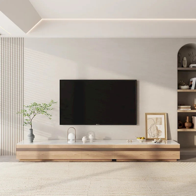 Meubles TV modernes en bois clair, plateau en pierre brillante, 3 à 6 tiroirs, entièrement assemblés