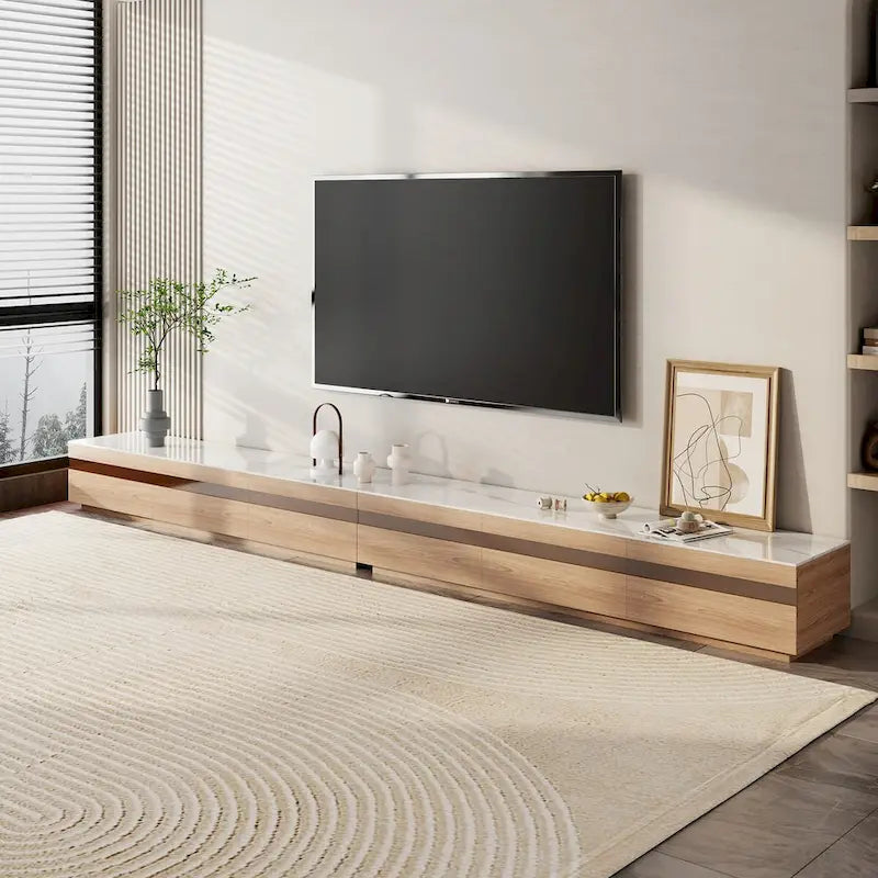 Meubles TV modernes en bois clair, plateau en pierre brillante, 3 à 6 tiroirs, entièrement assemblés