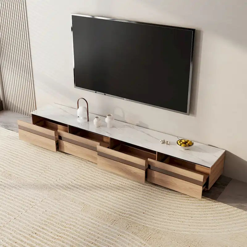 Meubles TV modernes en bois clair, plateau en pierre brillante, 3 à 6 tiroirs, entièrement assemblés