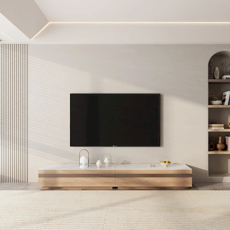 Meubles TV modernes en bois clair, plateau en pierre brillante, 3 à 6 tiroirs, entièrement assemblés