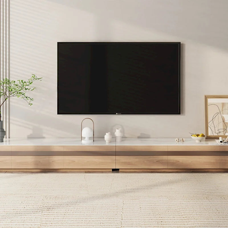 Meubles TV modernes en bois clair, plateau en pierre brillante, 3 à 6 tiroirs, entièrement assemblés